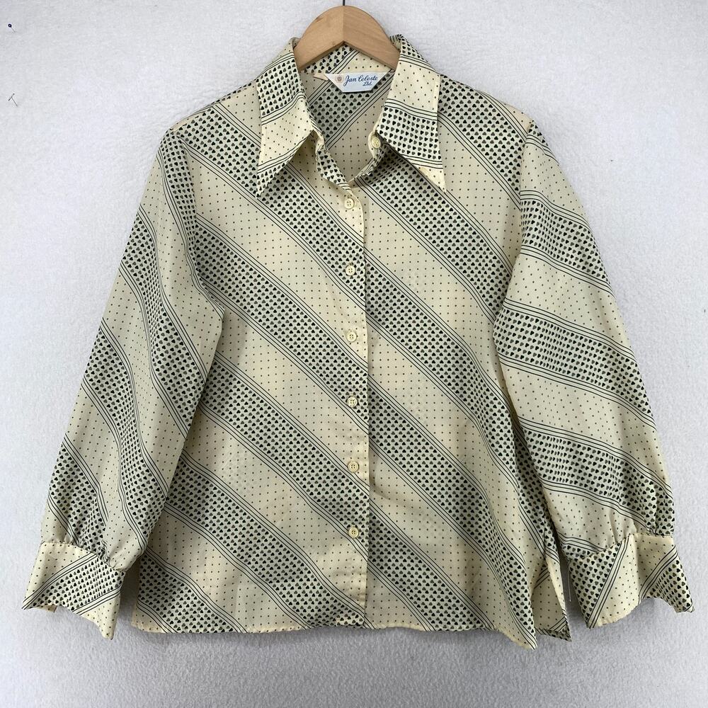 JAN CELESTE Shirt Women 16 70s Retro Button Up Printed Long Sleeve Off White VTG